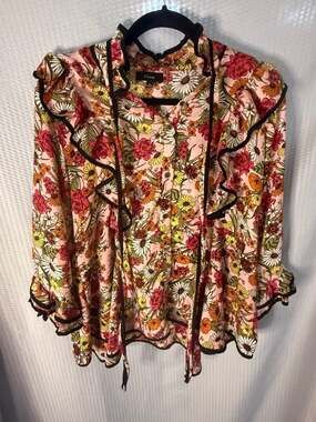 Dice 70s Retro Floral Ruffle Neck Blouse with Tie String